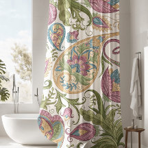 緑と紫のペイズリーフローラシャワーカーテン