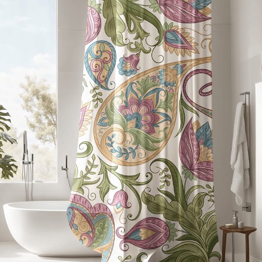緑と紫のペイズリーフローラシャワーカーテン シャワーカーテン