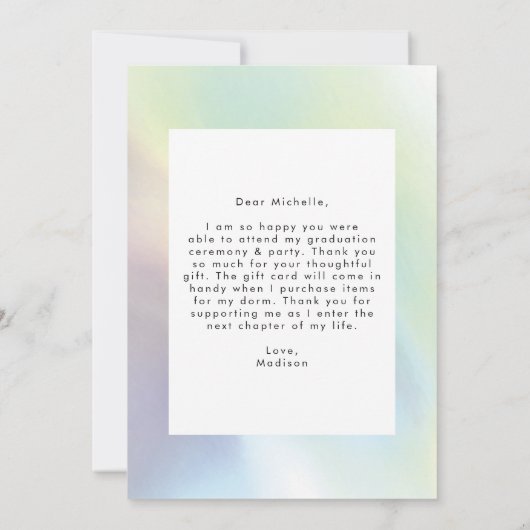 緑と紫のホログラフィックフォトの卒業 サンキューカード (裏面)