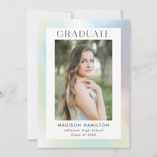 緑と紫のホログラフィック写真卒業パーティー 招待状 (正面)