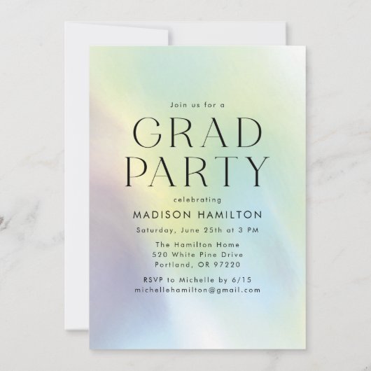 緑と紫のホログラフィック写真卒業パーティー 招待状 (裏面)