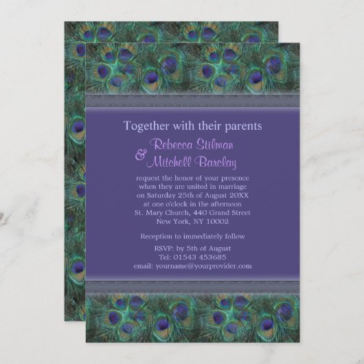 緑と紫の孔雀の羽根を使った結婚式の招待状 招待状 (正面/裏面)