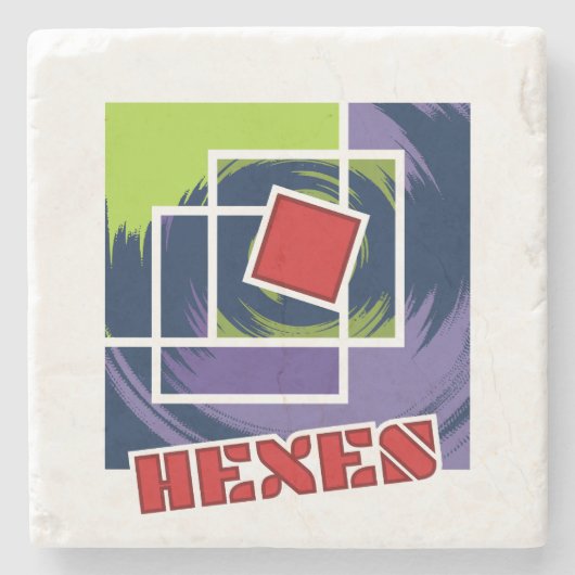 緑と紫の抽象芸術反乱四角形（ヘキス付） ストーンコースター (正面)