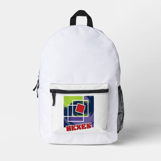 緑と紫の抽象芸術反乱四角形（ヘキス付） プリントバックパック (正面)