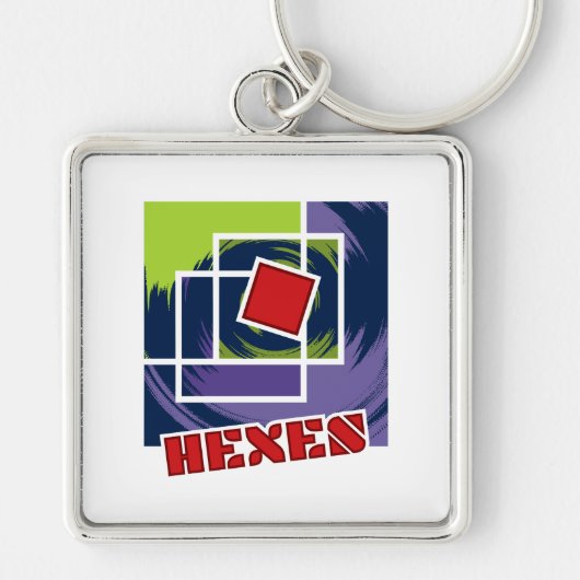 緑と紫の抽象芸術正方形とヘックス文字 キーホルダー (正面)