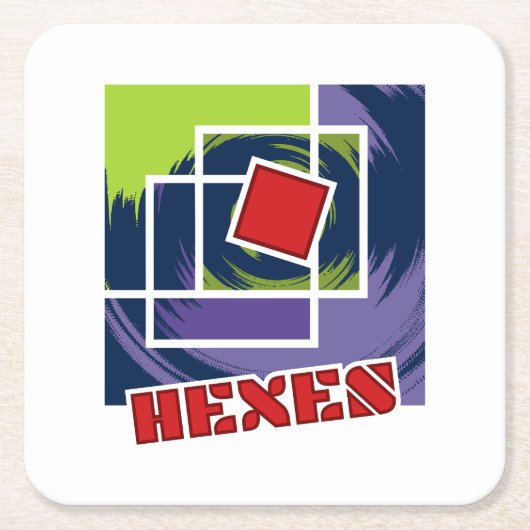 緑と紫の抽象芸術正方形とヘックス文字 スクエアペーパーコースター (正面)