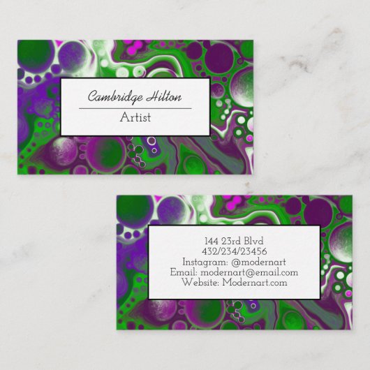 緑と紫の抽象芸術流体アート 名刺 (正面/裏面)