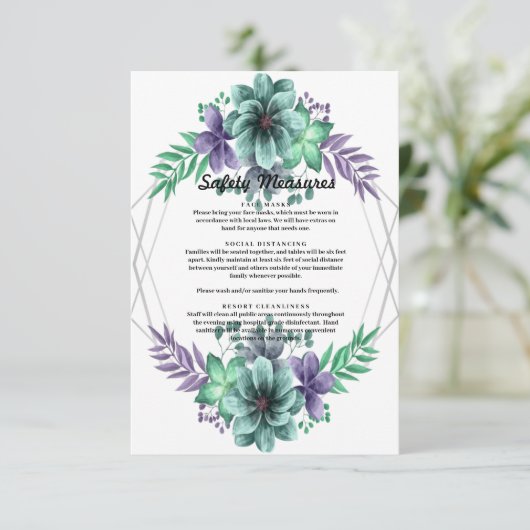 緑と紫の水色のフローラ安全対策 サンキューカード (スタンド正面)