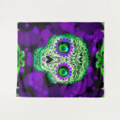 緑と紫の発光する砂糖スカル ハロウィン タペストリー (正面(横))