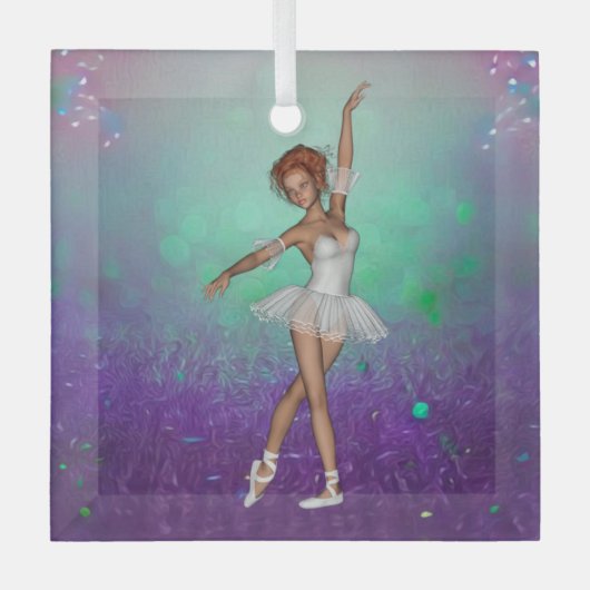 緑と紫の背色彩の鮮やか景とバレリーナ ガラスオーナメント (正面)