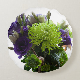 緑と紫の花の丸いクッション ラウンドクッション