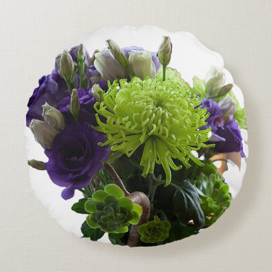緑と紫の花の丸いクッション ラウンドクッション (正面)