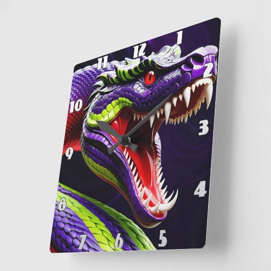 緑と紫鮮やかのコブラはかりで測ヘビ スクエア壁時計 (傾斜)