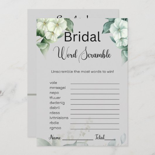 緑と花ブライダルグレーワードスクランブルゲーム 招待状 (正面/裏面)