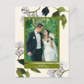 緑と花模様のたった今結婚しました写真のお知らせ 案内ポストカード (正面)