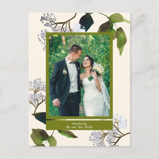 緑と花模様のたった今結婚しました写真のお知らせ 案内ポストカード (正面)