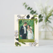 緑と花模様のたった今結婚しました写真のお知らせ 案内ポストカード (スタンド正面)