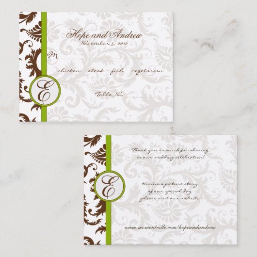 緑と茶色のダマスクの座席表メニュー選択 プレイスカード (正面/裏面)
