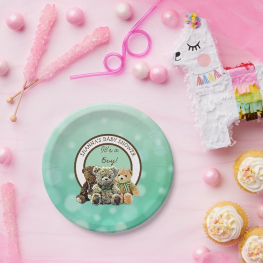 緑と茶色のテディベア少年の赤ちゃんシャワー ペーパープレート (パーティー)