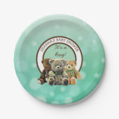 緑と茶色のテディベア少年の赤ちゃんシャワー ペーパープレート (正面)