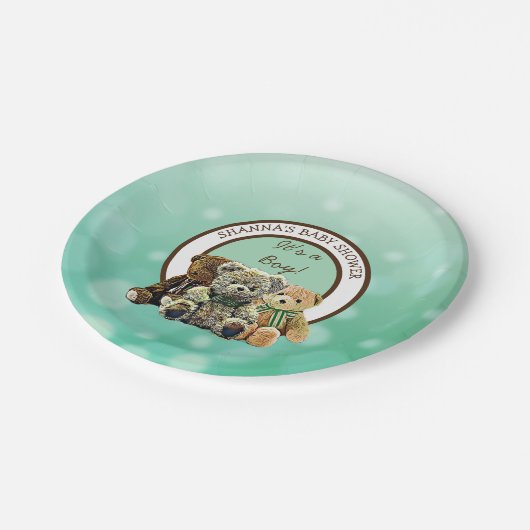 緑と茶色のテディベア少年の赤ちゃんシャワー ペーパープレート (アングル)