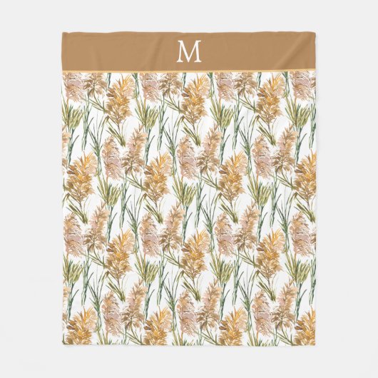 緑と茶色のパンパスグラスモノグラム フリースブランケット (正面)