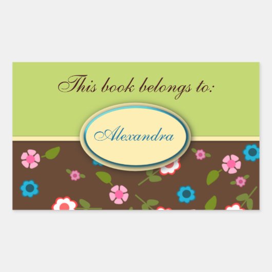 緑と茶色のフローラデイジーブックプレート名ラベル 長方形シール (正面)