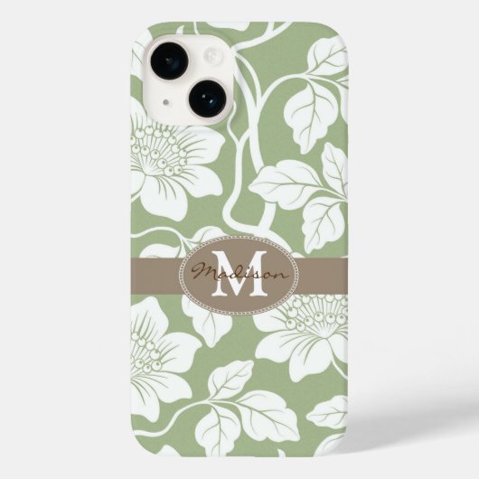 緑と茶色のフローラ名とイニシャル Case-Mate iPhoneケース (裏面)