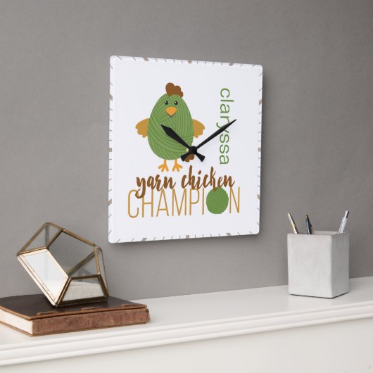 緑と茶色のヤーンのチキンチャンピオン スクエア壁時計 (オフィス)