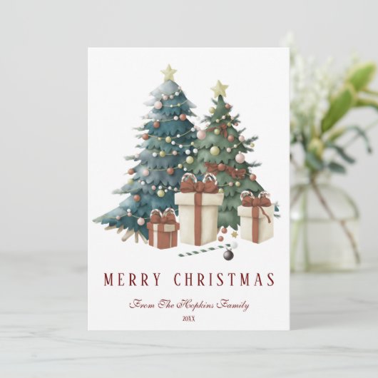 緑と茶色の水の色クリスマスツリー シーズンカード (スタンド正面)