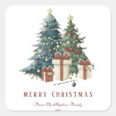 緑と茶色の水の色クリスマスツリー スクエアシール (正面)