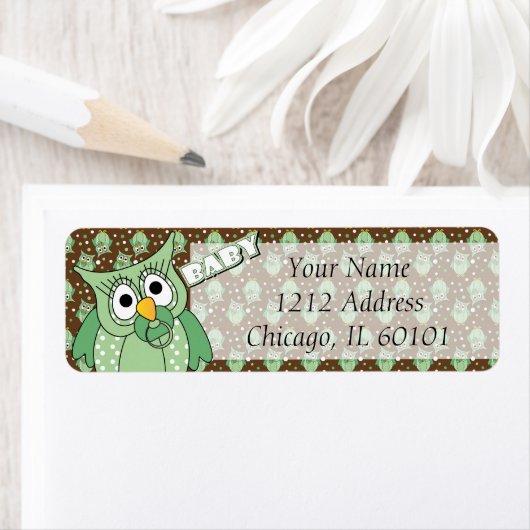 緑と茶色の水玉模様フクロウ赤ちゃんシャワーテーマ ラベル (インサイチュ)