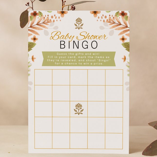 緑と茶色の水色フローラ赤ちゃんシャワービンゴ (Baby shower bingo game woodland fall foster adoptive shower game green brown leaves floral botanical)