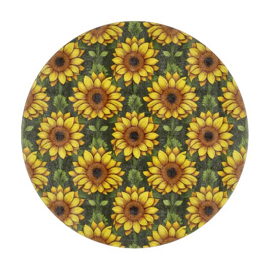 緑と茶色の黄色のオレンジ色のひまわり カッティングボード (正面)