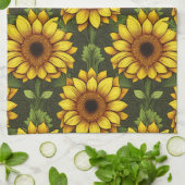 緑と茶色の黄色のオレンジ色のひまわり キッチンタオル (折り畳み)