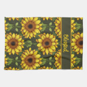 緑と茶色の黄色のオレンジ色のひまわり キッチンタオル (横)
