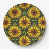 緑と茶色の黄色のオレンジ色のひまわり ペーパープレート (正面)