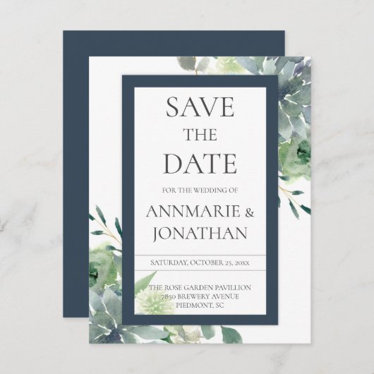 緑と藍の多肉白い花結婚の 招待状 (正面/裏面)