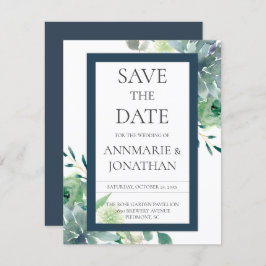 緑と藍の多肉白い花結婚の 招待状