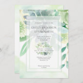 緑と藍の多肉白い花結婚の 招待状 (正面/裏面)