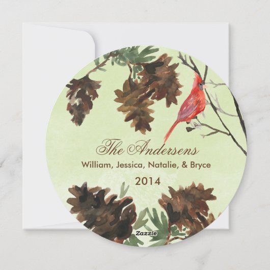 緑と赤いカーディナルの松ぼっくり ホリデーカード (裏面)