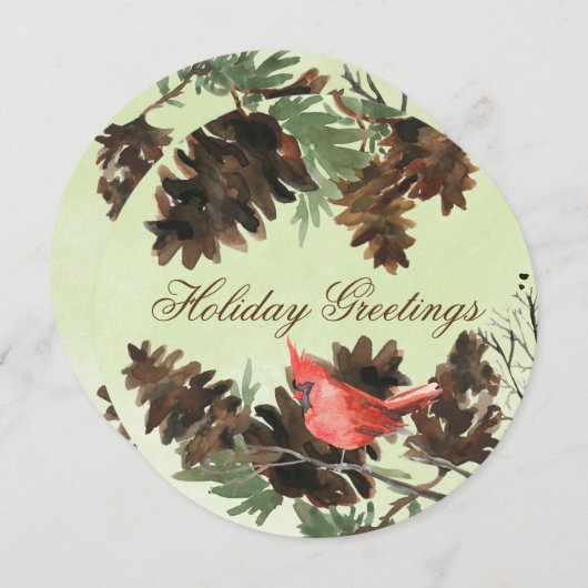 緑と赤いカーディナルの松ぼっくり ホリデーカード (正面/裏面)