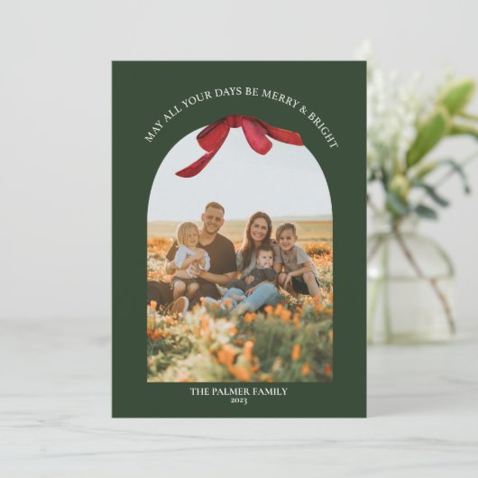 緑と赤い絵を描ボウ写真アーチホリデーカード シーズンカード (スタンド正面)