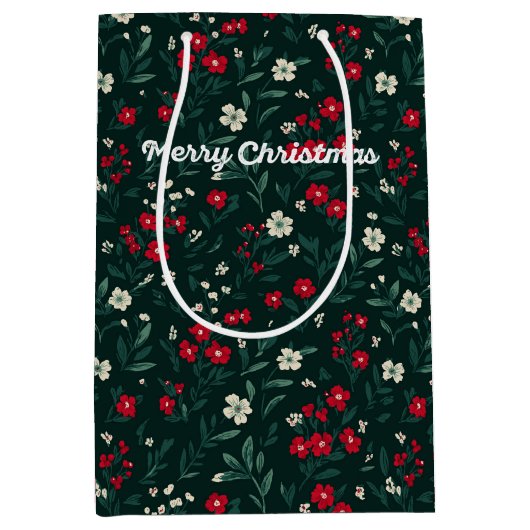 緑と赤と白のクリスマスの花 ミディアムペーパーバッグ (正面)