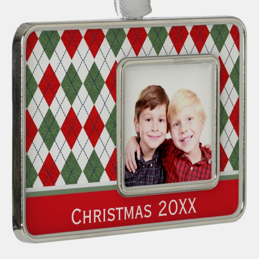 緑と赤のアーガイルカスタム写真 シルバープレートフレームオーナメント (右)