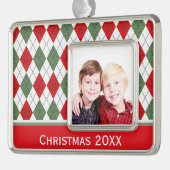 緑と赤のアーガイルカスタム写真 シルバープレートフレームオーナメント (左)