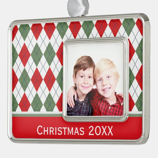 緑と赤のアーガイルカスタム写真 シルバープレートフレームオーナメント (左)