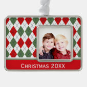 緑と赤のアーガイルカスタム写真 シルバープレートフレームオーナメント (正面)