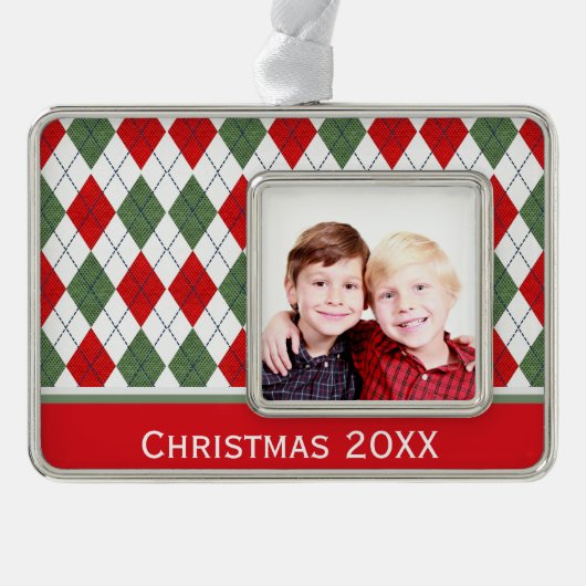 緑と赤のアーガイルカスタム写真 シルバープレートフレームオーナメント (正面)