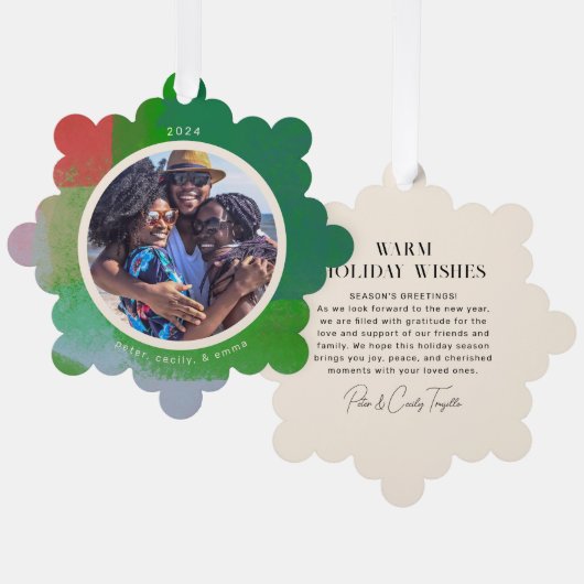 緑と赤のアートフ絵を描レーム写真 オーナメントカード (正面/裏面)